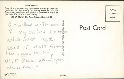 Postcard Ann Arbor Lurie Terrace 600 W. Huron St. (Aerial View) 1970