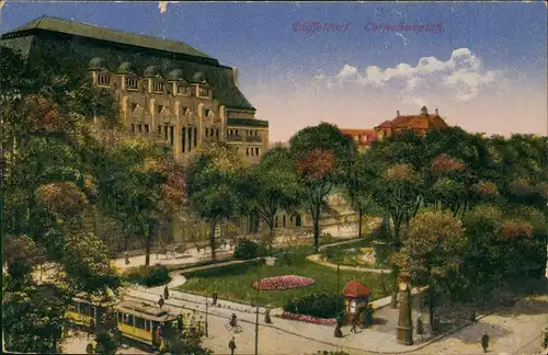 Ansichtskarte Düsseldorf Corneliusplatz, Tram Straßenbahn, Park 1922