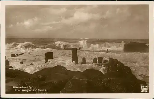 Ansichtskarte Westerland-Sylt Panorama-Ansicht Brandung an der Buhne 1934