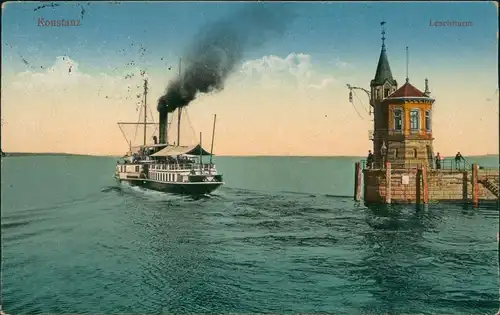Ansichtskarte Konstanz Leuchtturm, ausfahrendes Bodensse Schiff Dampfer 1920