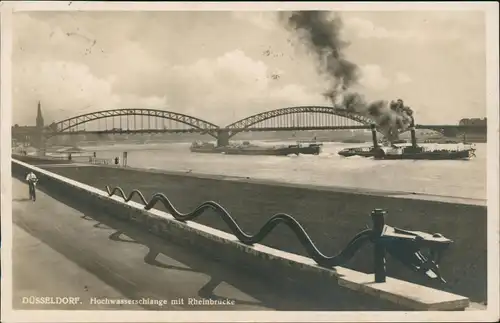 Ansichtskarte Düsseldorf Hochwasserschlange mit Rheinbrücke 1931