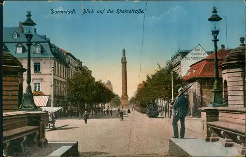 Ansichtskarte Darmstadt Blick auf die Rheinstraße, Soldat Wache 1921