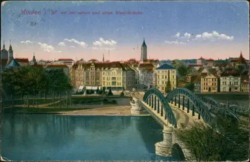 Ansichtskarte Minden Stadt-Ansicht mit der Weser-Brücke 1924