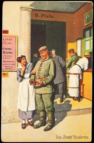 Ansichtskarte  Feldpostkarte Soldaten Humor "Draht-Hindernis" 1917  Feldpost