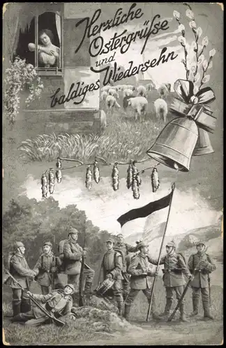 Ansichtskarte  Feldpostkarte Ostergrüße Soldaten an Ostern 1915 Feldpoststempel