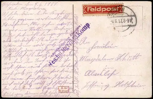 Ansichtskarte  Feldpostkarte "Ich den an Dich" 1917 roter Feldpost-Vignette