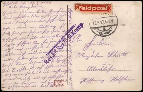 Feldpostkarte Soldat Sehnsucht "Ich denk an Dich" 1917   rote Feldpost-Vignette