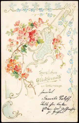 Glückwunsch Geburtstag Birthday Rocaillen Blumen 1902 Goldrand/Prägekarte