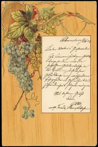 Ansichtskarte  Holzimitierende AK Weinlaub Weintrauben 1902 Prägekarte