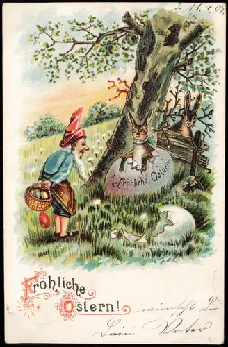 Ansichtskarte  Glückwunsch Ostern / Eastern Zwerg und Osterhase 1903
