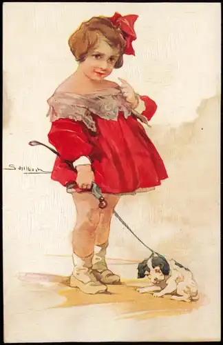 Ansichtskarte  Menschen Kinder Mädchen Hund Pinselduktus Effekt 1911