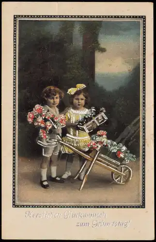 Glückwunsch Geburtstag Birthday Junge und Mädchen Schubkarre 1919 Silberrand