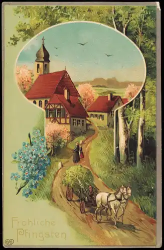 Ansichtskarte  Glückwunsch: Pfingsten Pferdefuhrwerk Straße 3D Effekt 1911