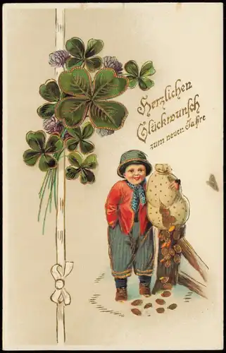 Neujahr Sylvester New Year Kleeblätter Zwerg Goldsack 1911 Goldrand