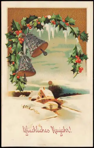 Neujahr Sylvester New Year Winterlandschaft Mistelzweig Glocken 1905 Prägekarte