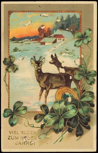 Ansichtskarte  Neujahr Sylvester New Year Rehe Kleeblätter Gold 1915 Goldrand