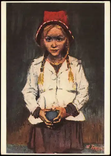 Künstlerkarte Gemälde: THEODOR ROSENHAUER (geb. 1901) Kind mit roter Mütze 1963