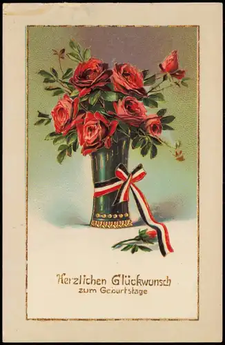 Glückwunsch Geburtstag Birthday Vase rote Rosen Patriotika 1917 Goldrand