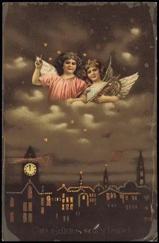 Neujahr Sylvester New Year Engel über der Nacht bei Mondschein 1912 Goldrand