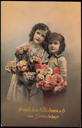 Glückwunsch Geburtstag Birthday Mädchen mit Rosen 1911 Goldrand