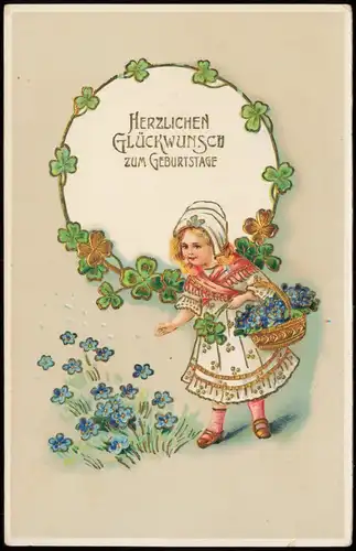 Glückwunsch Geburtstag Birthday Kleeblätter Mädchen Veilchenkorb 1913 Goldrand