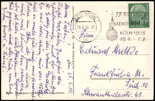 Ansichtskarte Bonn Bonngasse 1956  gel. Stempel Katholikentag