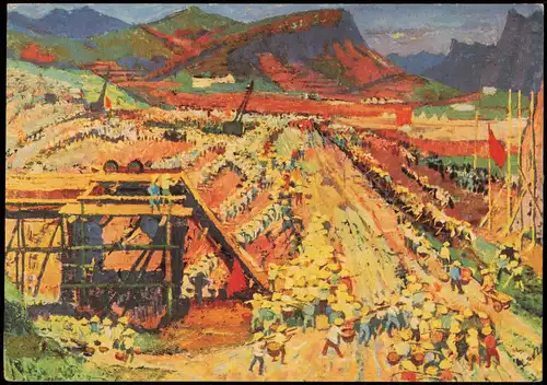 Künstlerkarte: HANS MROCZINSKI Aufbau des Staudammes bei den Ming-Gräbern 1970