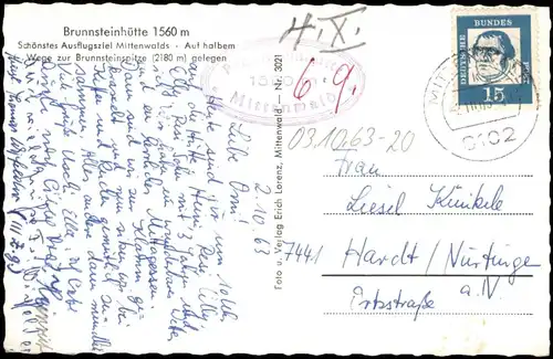 Ansichtskarte Mittenwald Brunnsteinhütte Wetterstein 1963