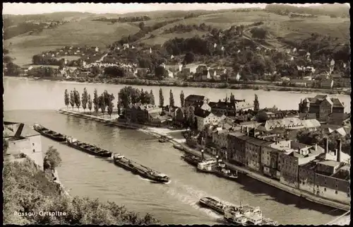 Ansichtskarte Passau Ortsspitze Dampfer Schlepper 1962
