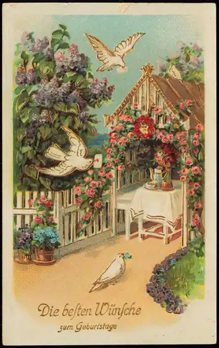 Glückwunsch Geburtstag Birthday Tauben   Briefe zur Rosen Laube 1915 Goldrand
