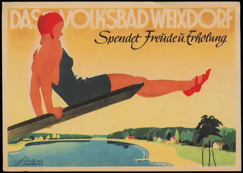 Ansichtskarte Weixdorf-Dresden VOLKSBAD Künstlerkarte 1955