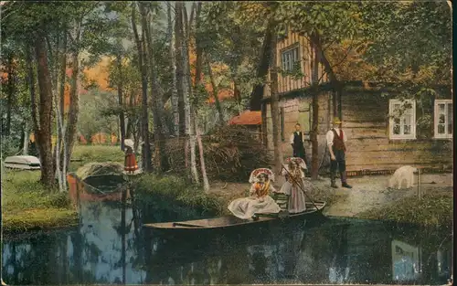 Ansichtskarte .Brandenburg Spreewald Gehöft Leute mit Wendischer-Tracht 1910