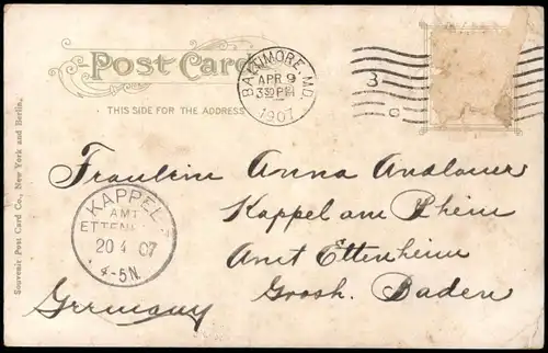 Postcard Baltimore Union Station 1907   gelaufen nach KAPPEL (Ankunftsstempel)