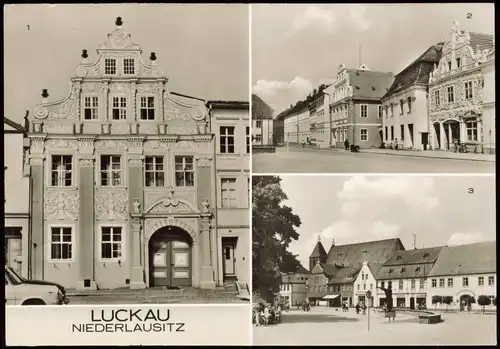 Luckau Łuków DDR Mehrbild-AK mit Internat, Am Markt, Marktplatz mit Karl-Liebknecht-Denkmal 1979