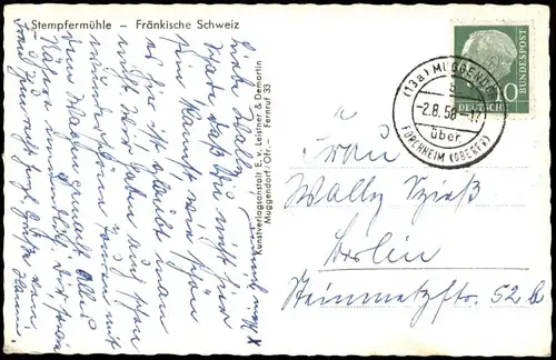 Ansichtskarte Gößweinstein Stempfermühle 1958  gel. Landpoststempel