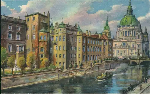 Ansichtskarte Berlin Künstlerkarte mit Schloß, Spreeseite Dom 1920