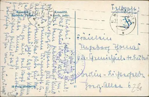 Postcard Kremsier Kroměříž Schloss / Zámek 1943  gel. Feldpost WK2