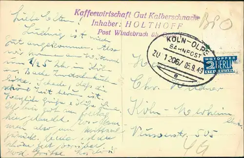 Olpe Kaffeewirtschaft Gut Kalberschnacke Windebruch  Fotokarte 1949