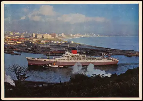 Postcard Durban Panorama-Ansicht, in den Hafen einlaufendes Schiff 1970