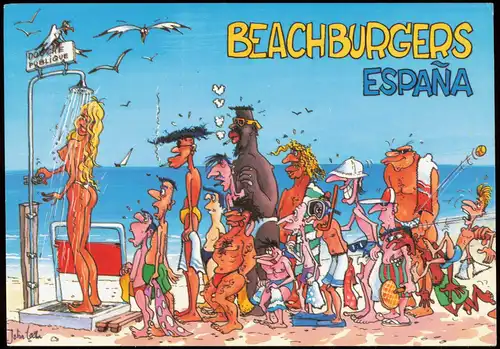 Ansichtskarte  Scherzkarte nackte Frau beim duschen Beachburgers ESPANA 1999