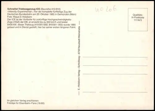 Schnellst-Triebwagenzug ICE (Baureihe 410/810) bei Gemünden am Main 1985