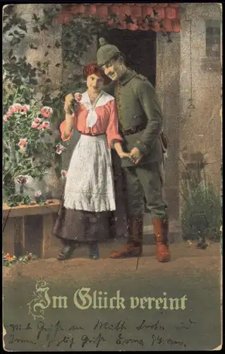 Ansichtskarte  Im Glück vereint (Soldat mit Frau) 1917   gel mit Stempel KRÜDEN