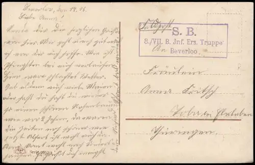 Ansichtskarte  Feldpostkarte 1. Weltkrieg 1916   Feldpost Briefstempel BEVERLOO