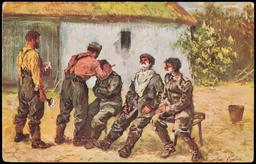 Feldpostkarte 1. WK (Soldaten bei der Rasur) 1915   Feldpost div. Stempel