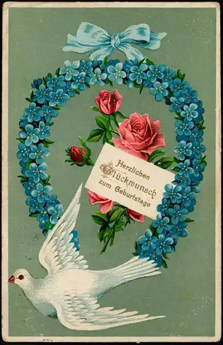 Glückwunsch Geburtstag Birthday Taube Hufeisen aus Veilchen 1913 Prägekarte
