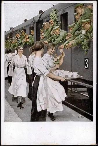 Ansichtskarte   Propaganda 1.WK Zug Soldaten Frauen 1915  gel. Feldpost Leipzig