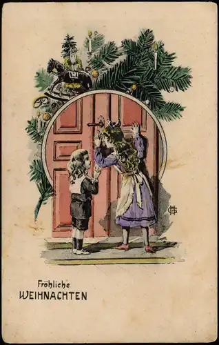 Weihnachten Christmas Künstlerkarte Mädchen schauen durch Schlüsselloch 1912