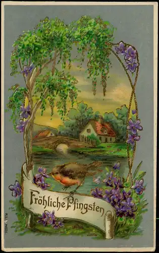 Ansichtskarte  Glückwunsch: Pfingsten Dorfpartie Küken 1909 Goldrand