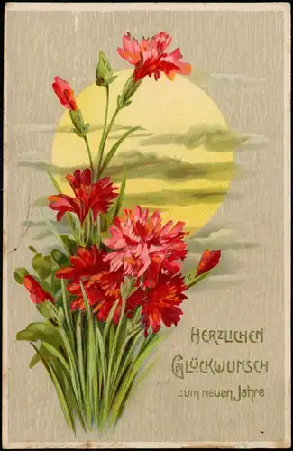 Ansichtskarte  Neujahr Sylvester New Year Nelken große Sonne 1908 Prägekarte