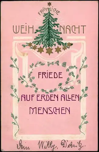 Weihnachten Christmas FRIEDE  Tannenbaum Goldsterne Rosa 1913 Prägekarte